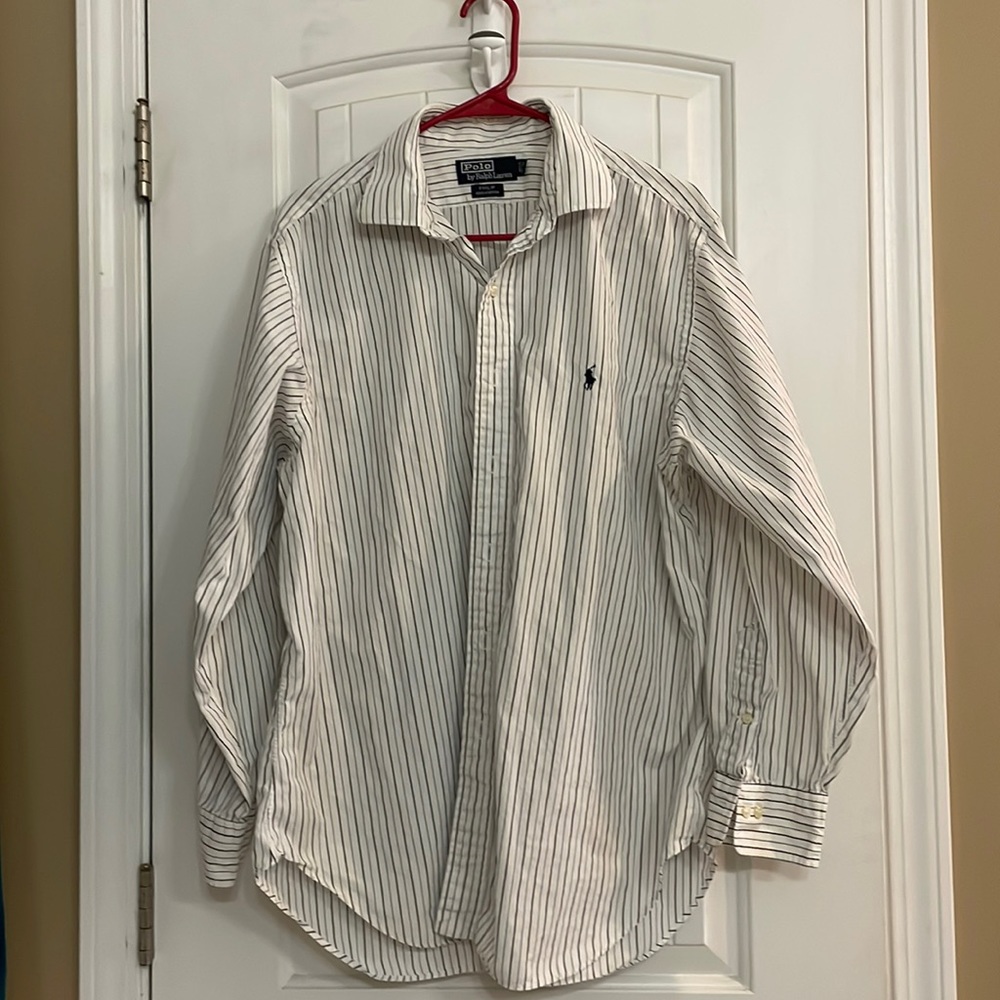 Nice Polo by Ralph Lauren dress shirt white with Blu pink stripes. 17 34/35